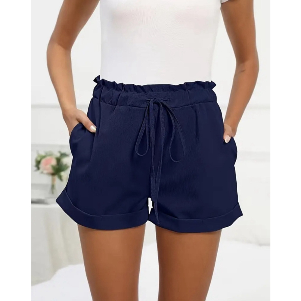 Plus Size Casual Shorts, Women's Plus Solid Paperbag Drawstring Waist Rolled Hem